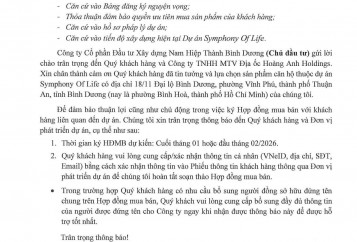 thông báo khách hàng mua dự án Symlife ký hợp đồng mua bán 